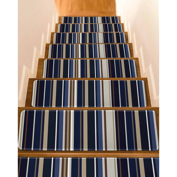 Blue and Brown Geometric Stripe Pattern Stair Treads for Wooden Steps Indoor Runner Rug Carpet, 15 Pieces Peel and Stick Staircase Step Treads Covers Washable Throw Door Mats, 30"x8"