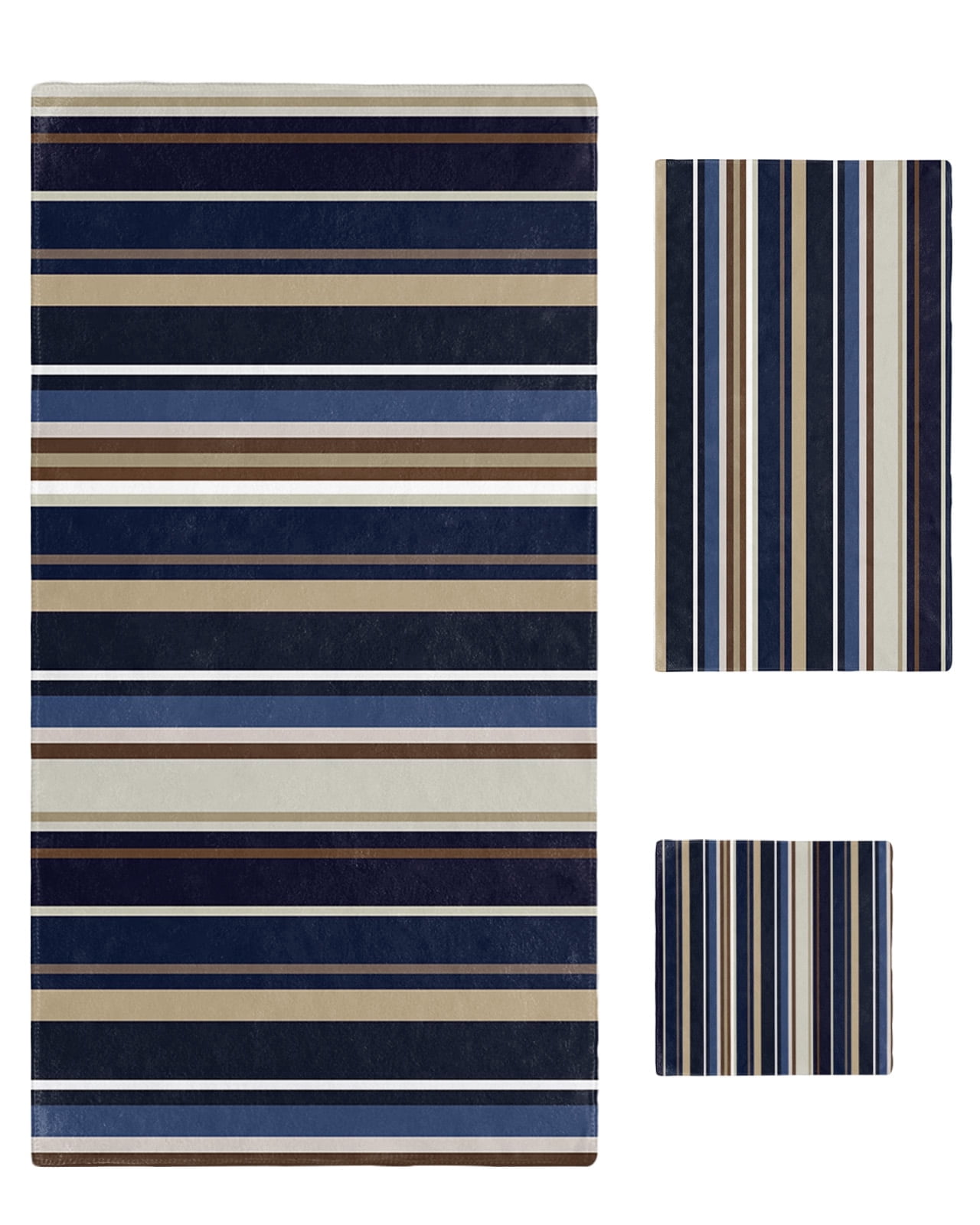 Blue and Brown Geometric Stripe Pattern Towel Set of 3, Soft Microfiber Bath Towels, Hand Towel, Washcloths, Quick-Dry Absorbent Towels for Bathroom Kitchen Hotel Beach Gym Spa