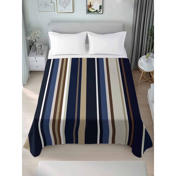 Blue and Brown Geometric Stripe Pattern Twim Size Flat Sheet, Wrinkleproof & Fadeproof Cooling Flat Bed Sheet Only, Breathable Soft Bedding Top Sheets 66 x 96 Inches