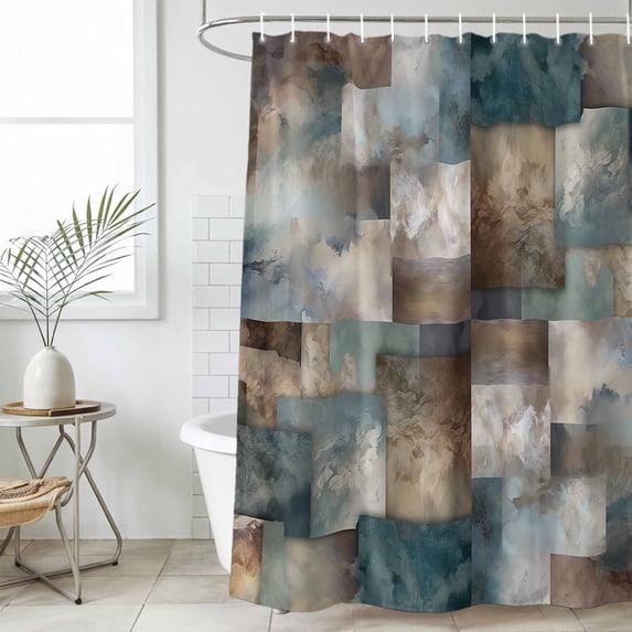 Blue Brown Geometric Waterproof Shower Curtain, Stall 36"x72" Washable Polyester Fabric Shower Curtains for Bathroom, Modern Ombre Abstract Art Decorative Bathtub Curtain Sets with Hooks