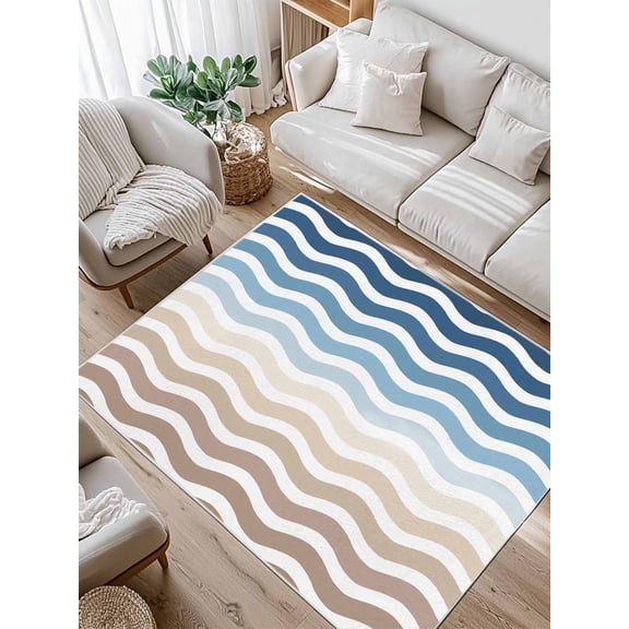 Blue Brown Gradient Area Rug for Bedroom 3x5 Ft Water Ripple Striped Modern Super Soft fuzzy Throw Rug Non-Slip Fluffy Plush Indoor Floor Carpet for Living Room Nursery Home Decor