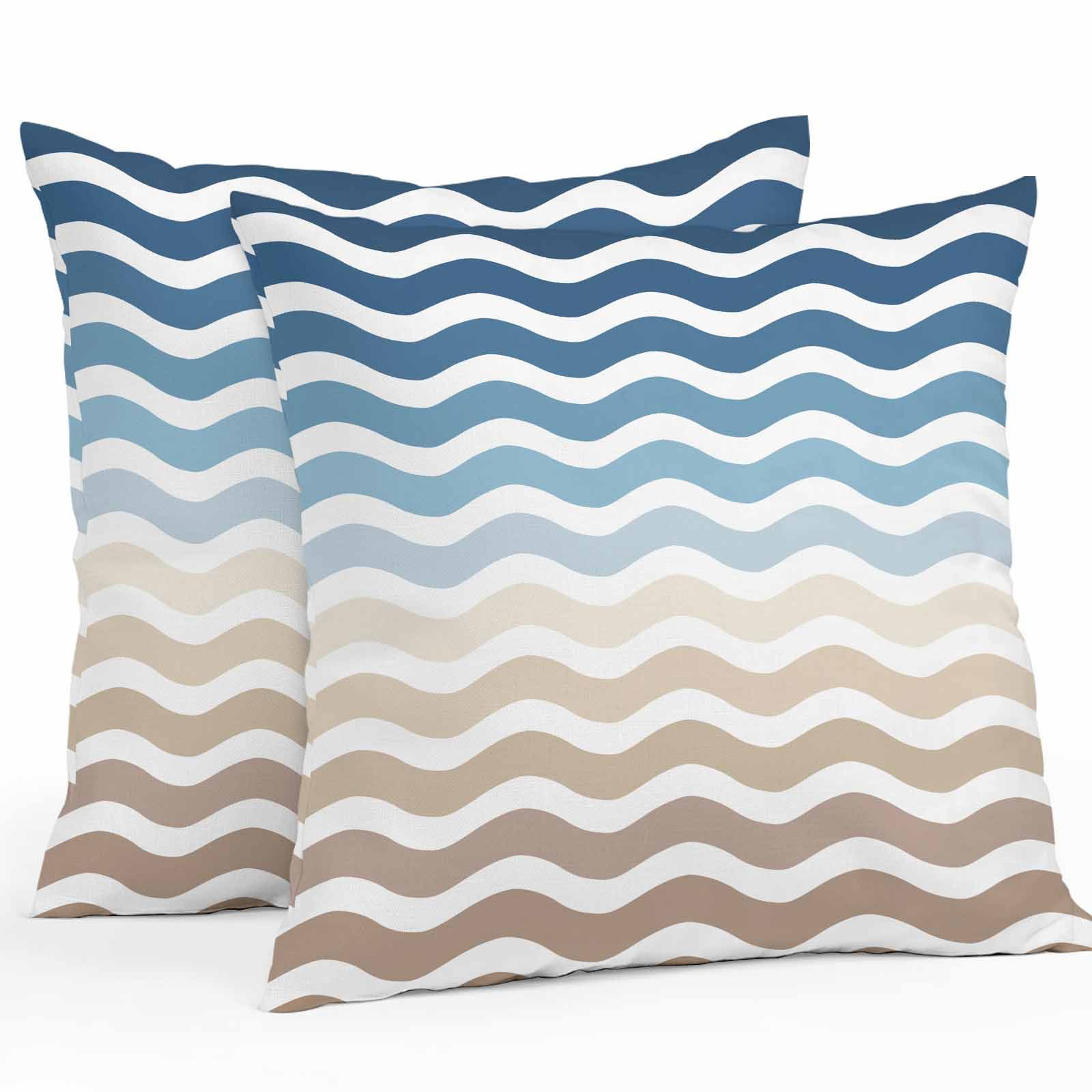 Blue Brown Gradient Outdoor Pillow Covers Set of 2 Water Ripple Waterproof Throw Pillow Case Decorative Square Cushion Cover for Patio Couch Garden Balcony, 18"x18"
