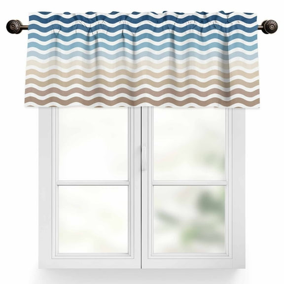 Blue Brown Gradient Valances for Windows, 42 x 12in, Water Ripple Striped Modern Rod Pocket Kitchen Valance Curtain Light Filtering Window Treatments for Living Room Bedroom, 1 Panel