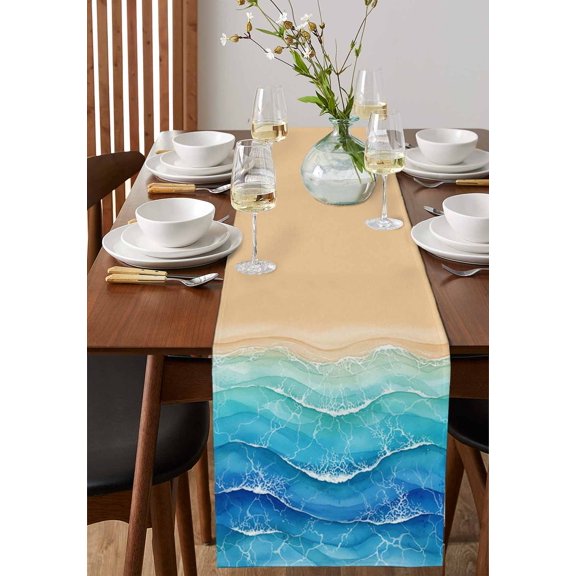 Blue Brown Gradual Wave Table Runner 13x70in Non-Slip Cotton Linen Table Runners, Abstract Geometric Art Dresser Scarves TableRunner for Dinner Kitchen Dining Wedding Party