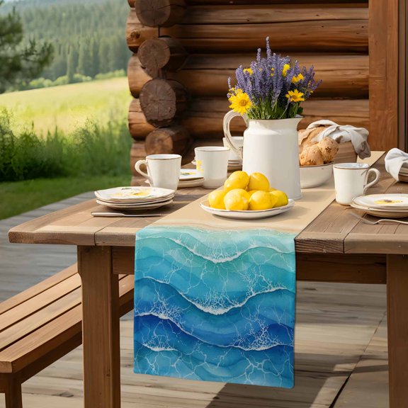 Blue Brown Gradual Wave Table Runner 13x90in Non-Slip Cotton Linen Table Runners, Abstract Geometric Art Dresser Scarves TableRunner for Dinner Kitchen Dining Wedding Party