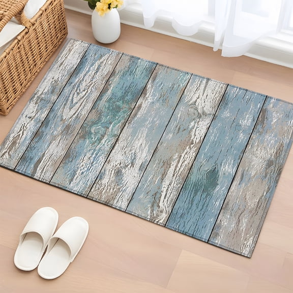 Blue Brown Grey 2'x3' Washable Rug, Farmhouse Retro Vertical Wooden Grain Non-Slip Soft Doormat Area Rugs for Entrance Bathroom Bedsides, Front Doormat Carpet for Kitchen Bedroom, Entryway Floor Mat