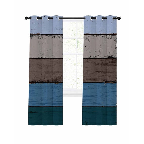 Blue Brown Grey Blackout Curtains 72 Inches Long for Bedroom, Vintage Stripe Farmhouse Wood Grain Thermal Insulated Room Darkening Black Out Window Curtain Panels Grommet Drapes for Living Room