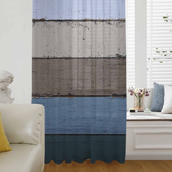 Blue Brown Grey Semi Sheer Curtains Drapes for Living Room, Bedroom, French Doors Window 45 Inches Long, Vintage Stripe Farmhouse Wood Grain Rod Pocket Chiffon Curtain Drapery Voile Draperies Panel