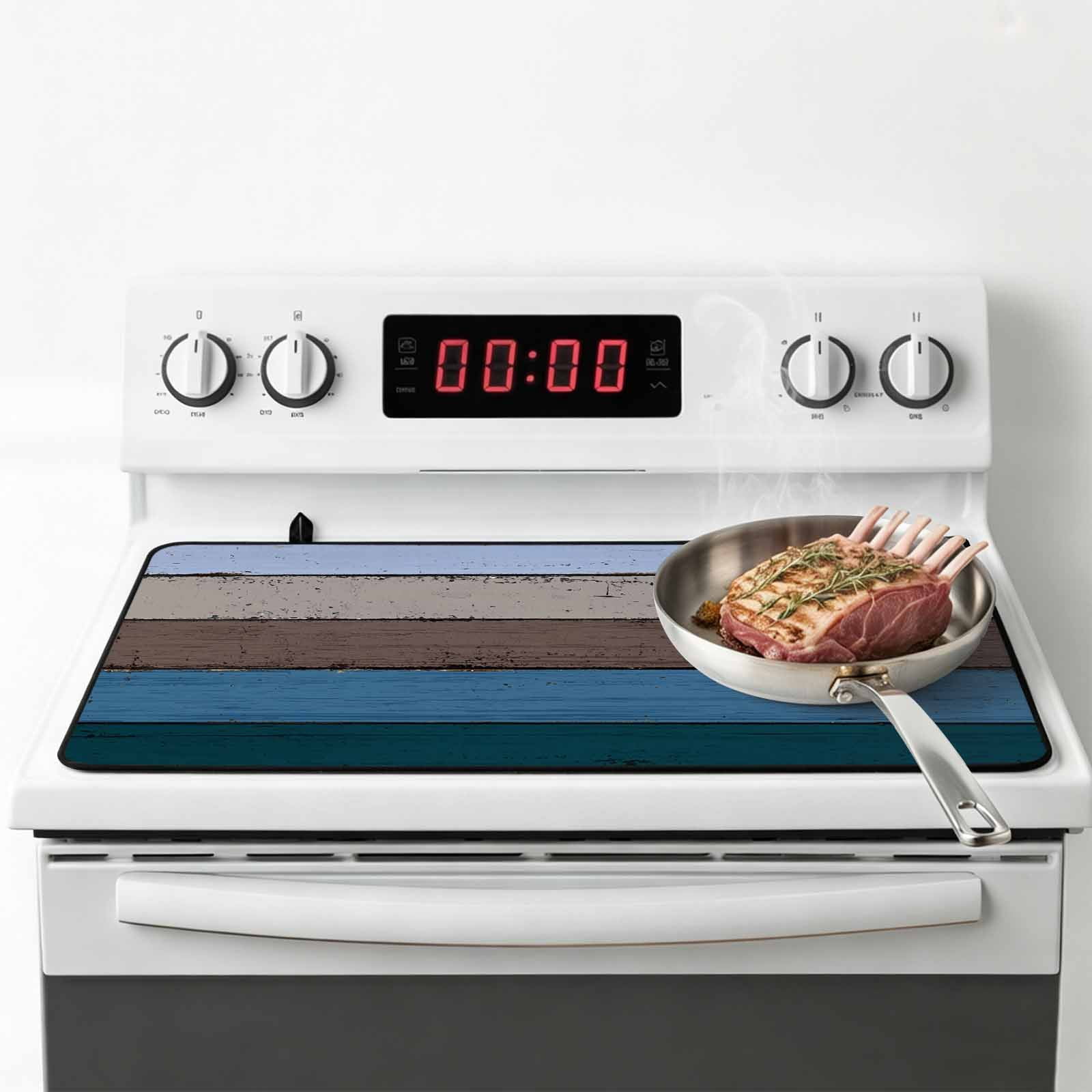 Blue Brown Grey Stove Top Cover for Electric Stove, Heat-proof & Non Slip Glass Top Stove Cover Protector, Vintage Stripe Farmhouse Wood Grain Kitchen Flat Cooktop Rubber Mat 24x21 Inches