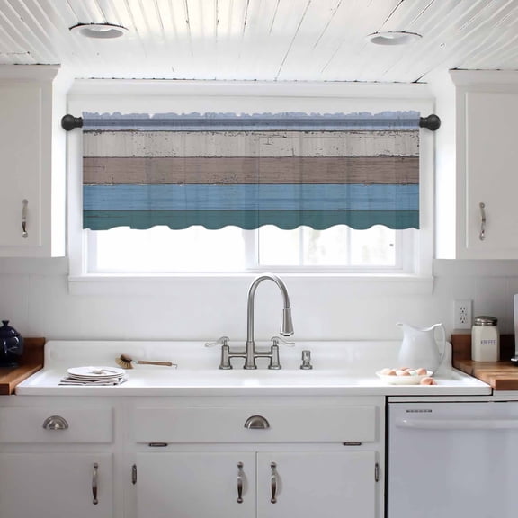 Blue Brown Grey Valance Curtains for Kitchen/Living Room/Bathroom/Bedroom Window, Vintage Stripe Farmhouse Wood Grain Rod Pocket Small Topper Half Short Window Curtains Voile Sheer Scarf 42"x18"