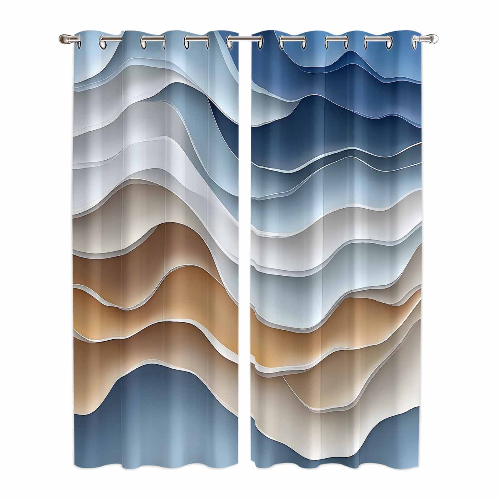 Blue Brown Kitchen Curtains 96 Inch Length, Aesthetics Moire Ombre ...