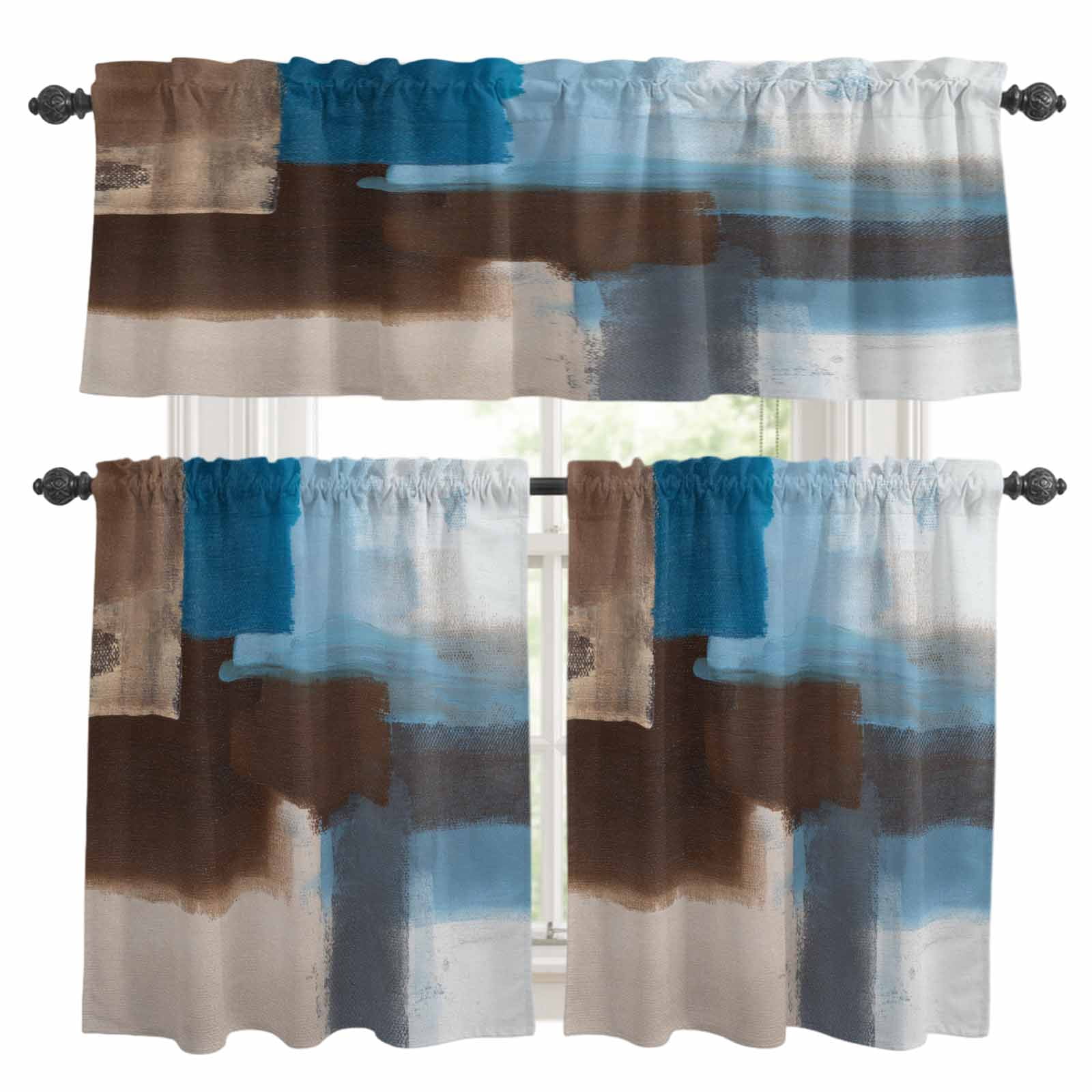 Blue Brown Kitchen Curtains Sets for Windows 24 Inch Length, Ombre