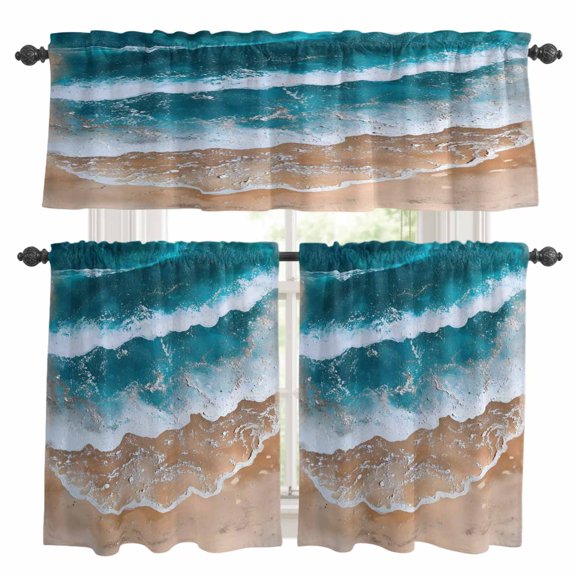 Blue Brown Kitchen Curtains Valances and Tiers Set of 3 Sea Wave Beach Abstract Coastal Ocean Scenery Tier Curtains and Valance with Rod Pocket for Small Windows, 27.5"x24"