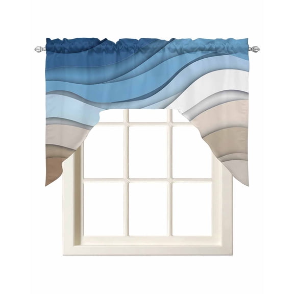 Blue Brown Kitchen Swag Valances for Windows, Gradient Geometric White Water Stripes Modern Swag Valances Curtains for Living Room, Rod Pocket Window Treatments for Bathroom, Bedroom, Cafe, 56"x36"