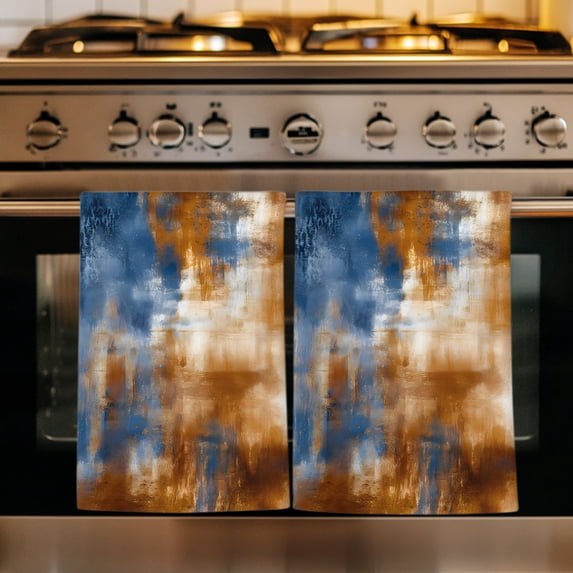 Blue Brown Kitchen Towels Set of 2, Vintage Minimalist Abstract Aesthetic Boho Art Absorbent Dish Towels for Kitchen, Microfiber Hand Towel, Quick Drying Tea Towel for Cleaning Decorative Dishcloths