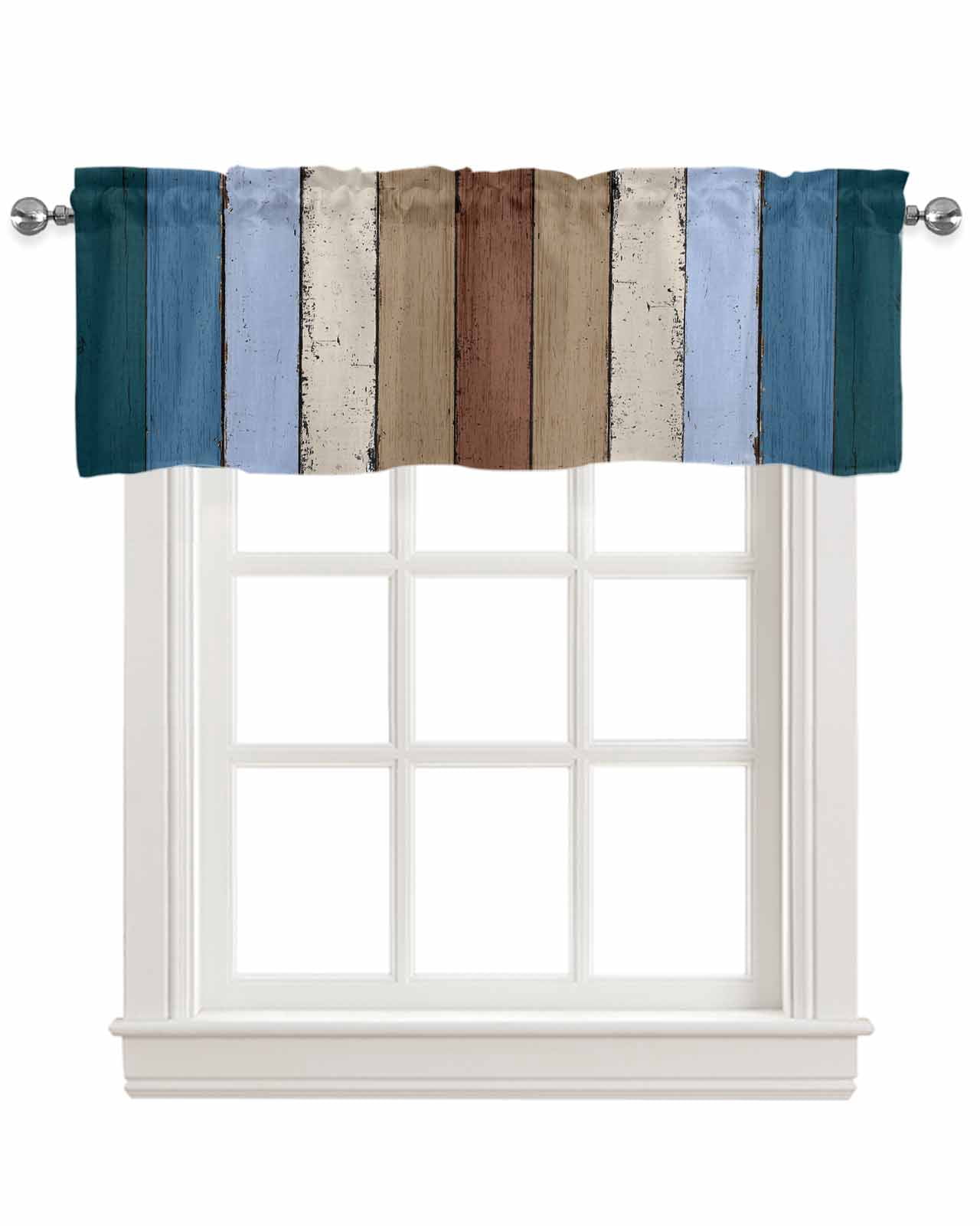 Blue Brown Kitchen Valances for Windows Farmhouse Linen Window Valance Curtain for Living Room Window Treatment Farmhouse Wood Grain Vintage Vertical Striped Valance Rod Pocket Topper, 42 x 12 Inch