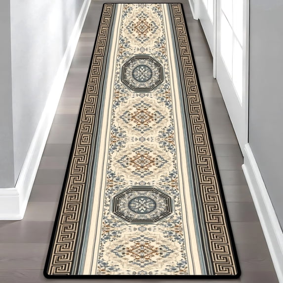Blue Brown Medallion Greek Key Hallway Runner Rug, Traditional Oriental Long Floor Mat, Non-Slip Washable Vintage Ornate Rug for Entryway Kitchen