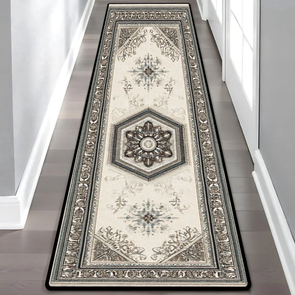 Blue Brown Medallion Hallway Runner Rug, Traditional Oriental Long Floor Mat, Non-Slip Washable Vintage Ornate Rug for Entryway Kitchen