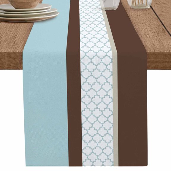 Blue Brown Moroccan Trellis Table Runner-36 Inch Long Modern Abstract Art Table Runners Linen Burlap Tablerunner for Kitchen Dining Room Holiday Party
