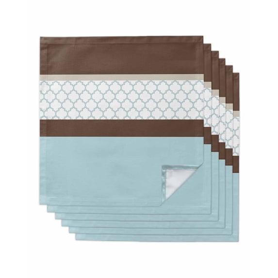 Blue Brown Morocco Cloth Napkins Set of 6 Reusable Dinner Napkins, Geometric Stripes Aqua Stitching Cocktail Napkin Washable Table Napkins for Wedding/Holiday Party/Baby Shower 20"x20"