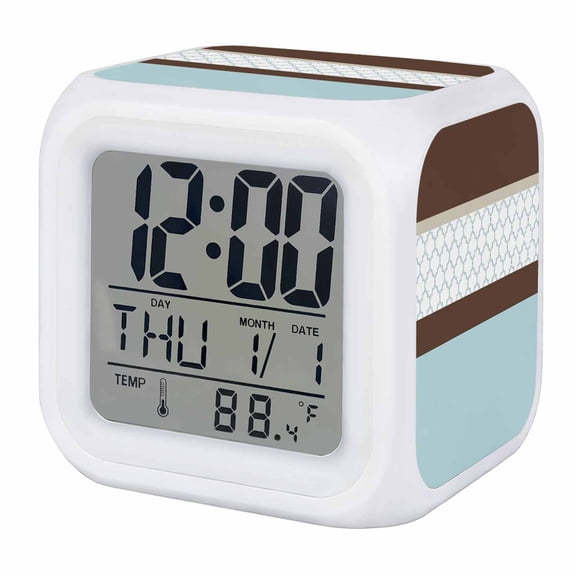 Blue Brown Morocco Digital Alarm Clock for Bedrooms, Smart LED Alarm Clock with 7 Color Changing Night Light, Geometric Stripes Aqua Stitching Silent Wake Up Clocks for Sleep Study Cooking 3.2"x3.2"