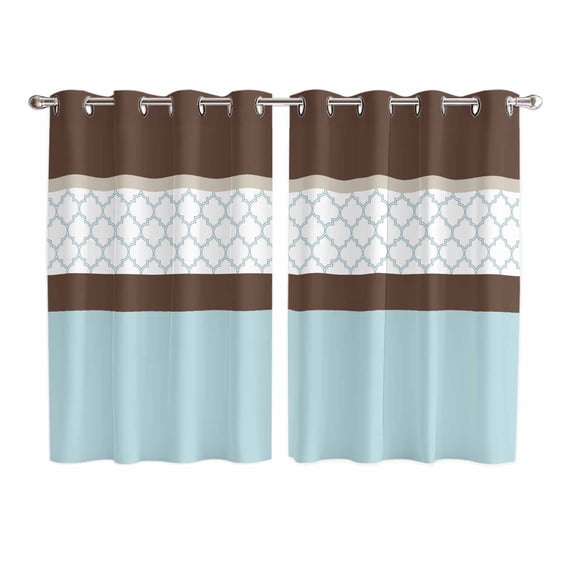 Blue Brown Morocco Kitchen Curtains 63 Inch Length, Geometric Stripes Aqua Stitching Grommet Top Bedroom Living Room Curtains, Light Filtering Cafe Curtain Drapes 2 Panels Set 104''x63''