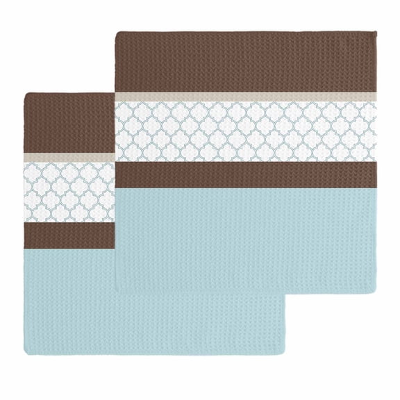 Blue Brown Morocco Kitchen Dish Towels for Drying Dishes Set of 2, Geometric Stripes Aqua Stitching Waffle Weave Microfiber Hand Tea Bathroom Towels Quick Dry & Absorbent Towel 12x12