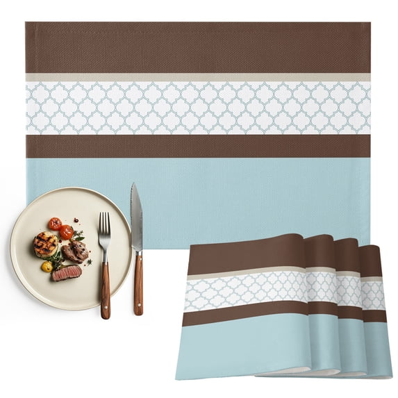 Blue Brown Morocco Placemats Set of 4, Geometric Stripes Aqua Stitching Washable Wipeable Table Mats for Dining Tables, Indoor Outdoor Kitchen Place Mats for Holiday Party Table Decor