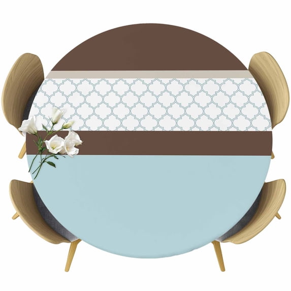 Blue Brown Morocco Round Tablecloth, Fitted Table Cover with Elastic for 36"-44" Round Tables, Geometric Stripes Aqua Stitching Table Cloth Outdoor Indoor Dinning Party Waterproof Tablecloths