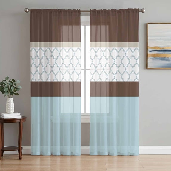 Blue Brown Morocco Sheer Curtains 96 Inch Length 2 Panels Set, Geometric Stripes Aqua Stitching Voile Window Treatment Semi Sheer Long Curtains Drapes for Bedroom/Living Room/Kitchen 52"x96"x2