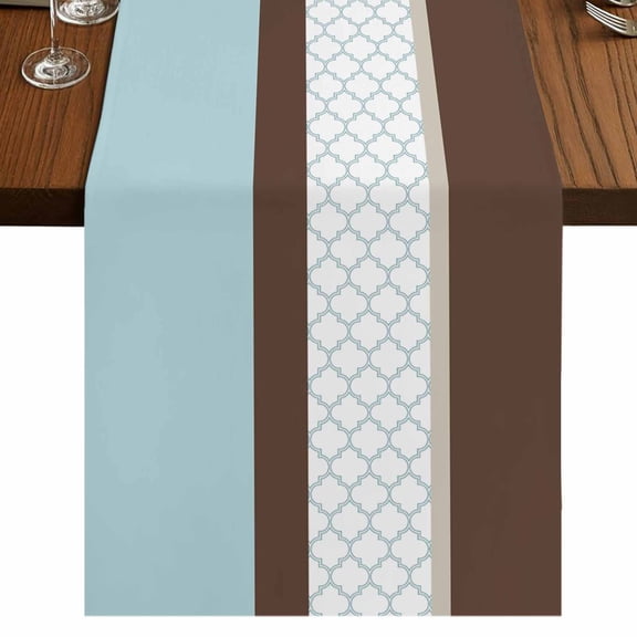 Blue Brown Morocco Table Runner 70 Inches Long,Geometric Stripes Aqua Stitching Cotton Linen Table Runners Dresser Scarves,Fabric Tabletop Scarf Furniture Cover for Home Dinner Party 13"x70"