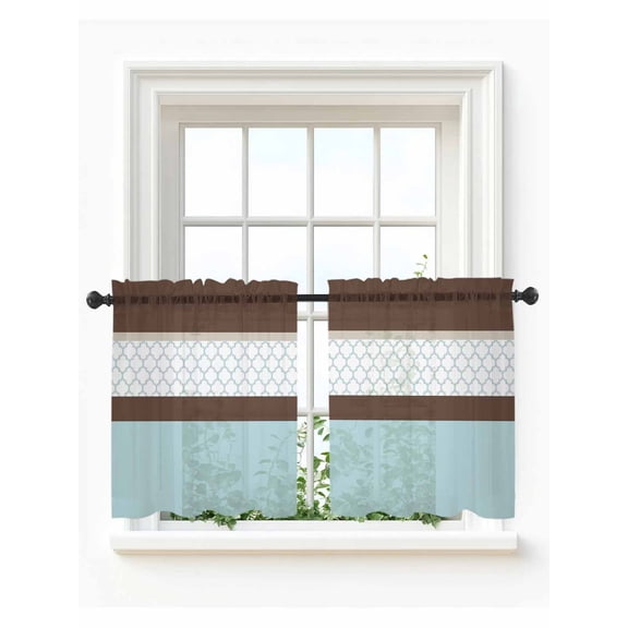 Blue Brown Morocco Tier Curtains 24 Inch Length,Sheer Curtains for Bedroom Living Room Window Geometric Stripes Aqua Stitching Rod Pocket Drapes Kitchen Curtains Small Half Window 27.5"x24" 2 Panels