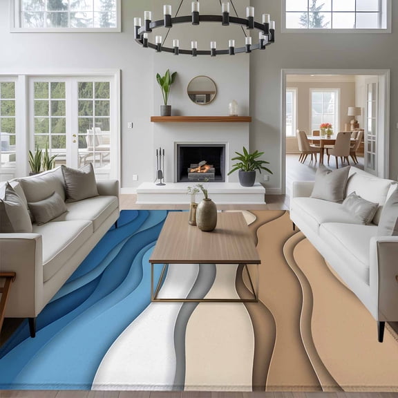 Blue Brown Ombre 8x10 Area Rug for Living Room Sectional Sofa, Blue Gradient Washable Non Slip Large Rectangle Area Rug