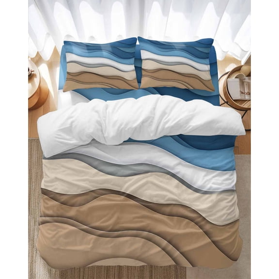 Blue Brown Ombre Bedding Duvet Cover Set Queen Size 4 Pieces Blue Gradient Abstract Wave Geometric Bedding Set with Zipper Closure, 1 Comforter Cover 90x92 Inches 1 Flat Sheet & 2 Pillow Cases