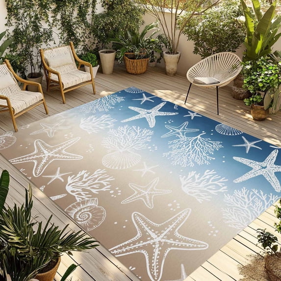 Blue Brown Ombre Coastal Outdoor Rug for Patio/Deck/Porch, Non-Slip Large Area Rug 6 x 9 Ft, Sea Nautical Summer Beach Starfish Coral Indoor Outdoor Rugs Washable Area Rugs, Camping Rug Carpet Runner