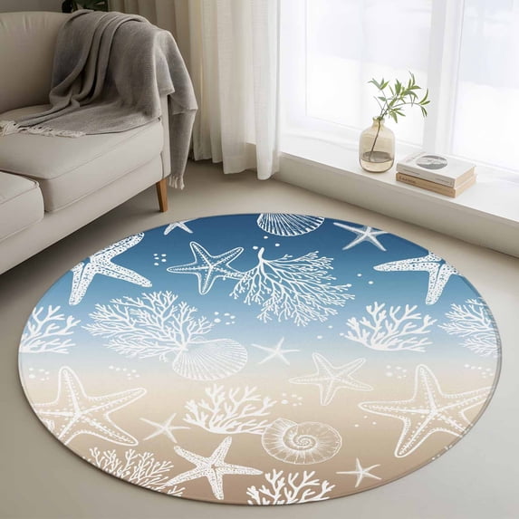 Blue Brown Ombre Coastal Round Area Rug 4Ft Washable Circle Rugs for Bedroom Dining Room, Sea Nautical Summer Beach Starfish Coral Non-Slip Carpet Floor Mats Indoor Outdoor Carpet Runner Home Decor