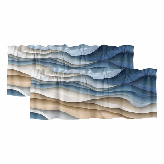 Blue Brown Ombre Curtain Valances for Windows, Kitchen Valance Window Treatments Panel 2 Pack, Modern Moire Abstract Geometric Rod Pocket Short Curtains for Bathroom Bedroom 60 x 18 Inch