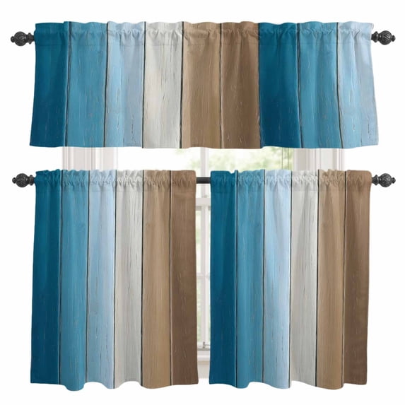 Blue Brown Ombre Kitchen Curtains Sets for Windows 24 Inch Length, Vintage Country Wooden Rod Pocket Window Treatments Tier Curtains and Valances Set for Bedroom/Bathroom