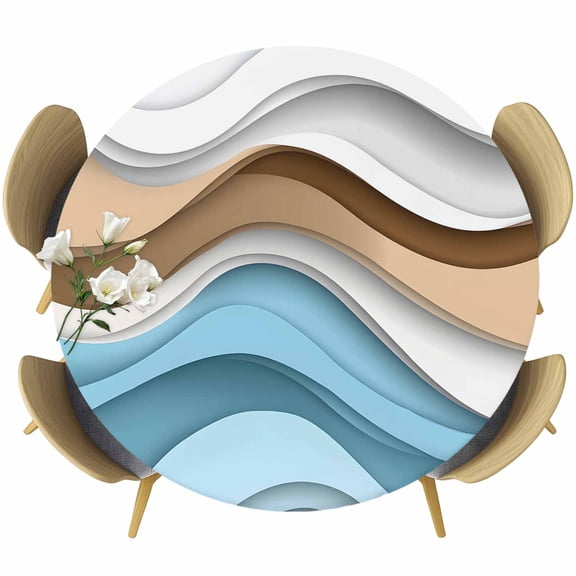 Blue Brown Ombre Round Tablecloth 45-54 Inch Round Fitted Table Cloth with Elastic Edge, Geometric Moire Abstract Modern Waterproof Table Cover Protector for Outdoor Picnic Party Dining