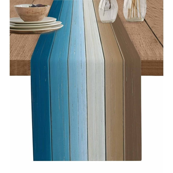 Blue Brown Ombre Table Runner 72 Inches, Vintage Country Wooden Bed Runner Dresser Scarves Tabletop for Indoor Outdoor Parties/Ceremony/Banquet, 14" x 72"