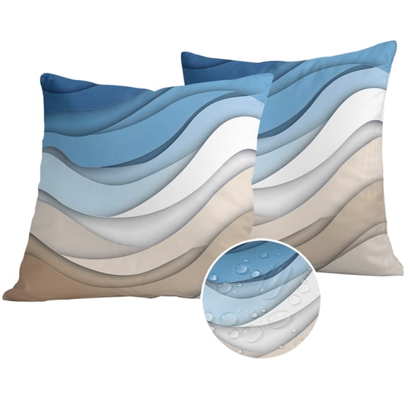 Blue Brown Outdoor Pillow Covers 24x24 Set of 2,Waterproof Patio Throw Pillowcase Protectors,Gradient Geometric White Water Stripes Modern Decorative Pillow Shams Cushion Covers for Seat Bed Couch