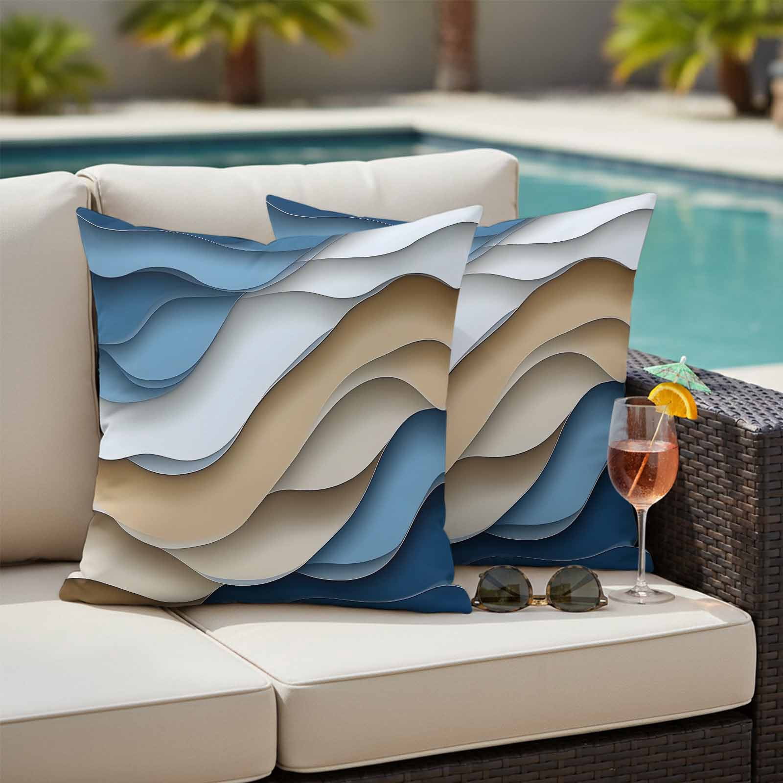 Blue Brown Outdoor Pillow Covers 26x26 Inch Throw Pillow Covers Set of 2 Waterproof Decorative Pillow Cases Ombre Aesthetics Geometric Moire Art Cushion Covers for Patio Furniture Garden Couch Sofa