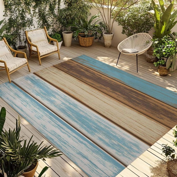 Blue Brown Outdoor Rug for Patio/Deck/Porch, Non-Slip Large Area Rug 3 x 5 Ft, Farmhouse Rustic Wooden Plank Board Indoor Outdoor Rugs Washable Area Rugs, Reversible Camping Rug Carpet Runner