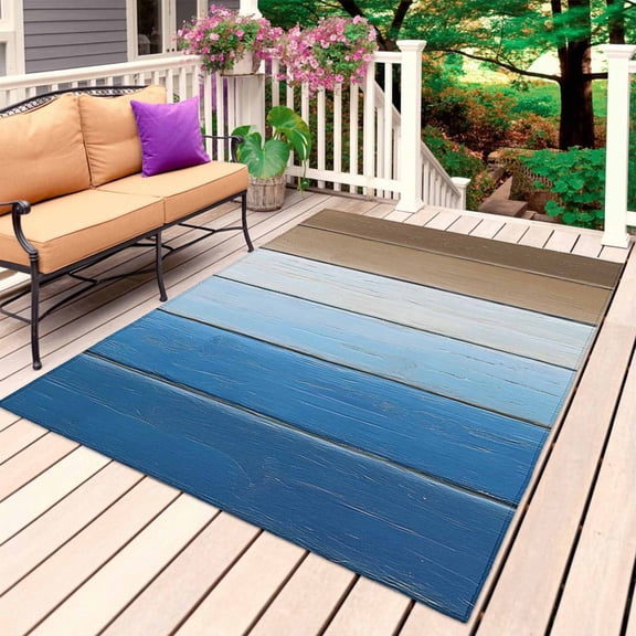 Blue Brown Outdoor Rug for Patio/Deck/Porch, Non-Slip Large Area Rug 6 x 9 Ft, Gradient Wood Grain Farmhouse Country Indoor Outdoor Rugs Washable Area Rugs, Reversible Camping Rug Carpet Runner