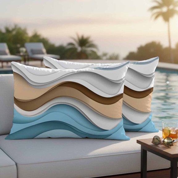 Blue Brown Outdoor Throw Pillow Covers Set of 2, Modern Geometric Abstract Gradient Ocean Wave Waterproof Pillow Covers Protectors with Hidden Zipper for Garden Couch Bench 20x12in