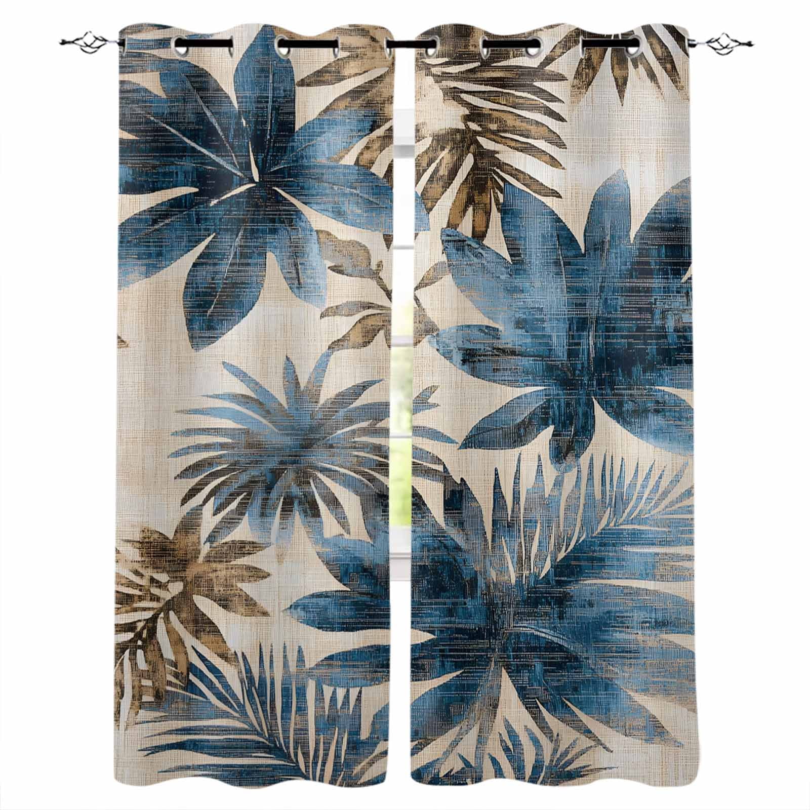 Blue Brown Palm Leaf Blackout Curtains for Bedroom Living Room ...