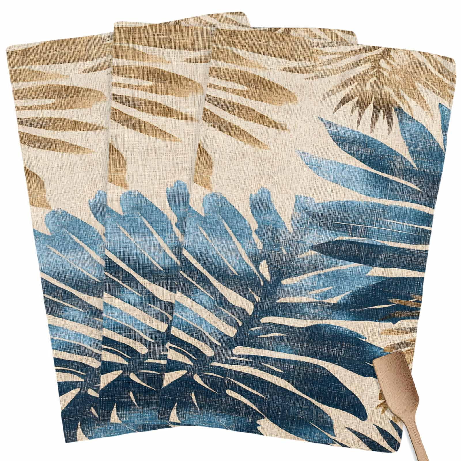 Blue Brown Palm Leaf Kitchen Towel Dish Cloths Set of 3, Microfiber Soft Kitchen Hand Towels, Retro Summer Botanical Absorbent Quick Drying Dishcloths 18 x 28 Inches