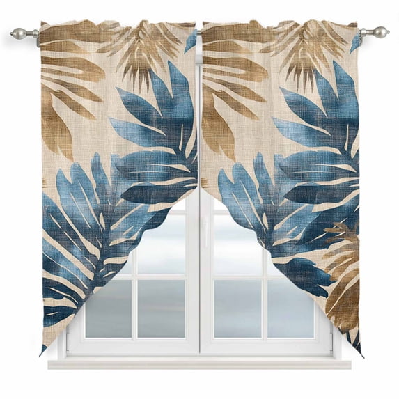 Blue Brown Palm Leaf Kitchen Window Curtains, Swag Curtains Valance for Bedroom Living Room Bathroom, Retro Summer Botanical Rod Pocket Window Treatment Curtain Block Drapes 2 Panels 36"x63"