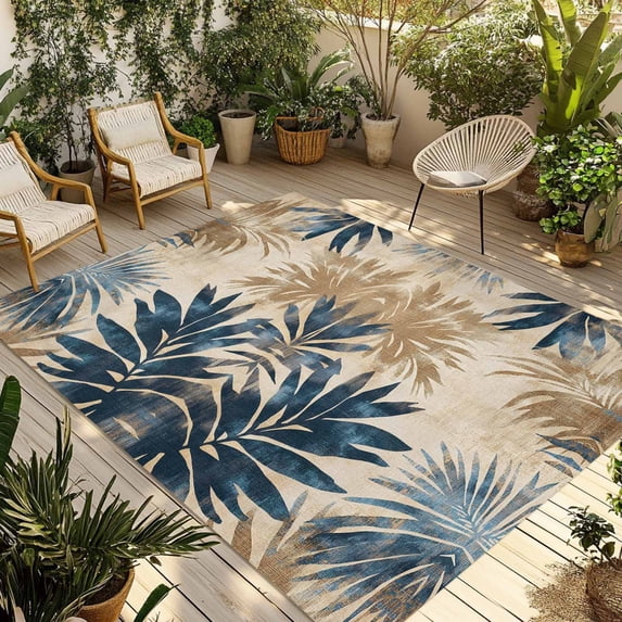Blue Brown Palm Leaf Outdoor Rug 5x7 Ft - Reversible Patio Rug Outdoor Camping Rugs, Summer Botanical Vintage Washable Indoor Outdoor Area Rugs, Non-Slip Outdoor Carpet Runner for Deck/Porch