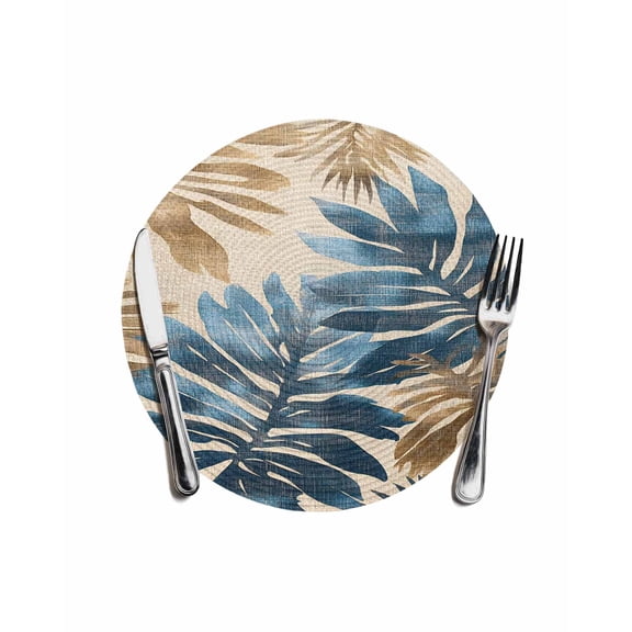 Blue Brown Palm Leaf Round Placemats for Dinning Tables, Heat-proof Braided Table Mats 13 Inch, Retro Summer Botanical Washable Place Mat for Kitchen Restaurant Party Decor Supplies Table Setting